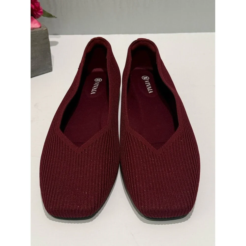 Vivaia Margot 2.0 Square Toe V-Cut Ballet Flats Burgandy Sparkle EU Sz 42